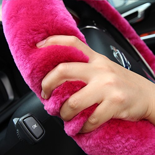 Fluffy Fur Wool Sheepskin Car Steering Wheel Cover for Woman Universal Auto Fuzzy Steering Wheel 14 1/2 inch-15 1/2inch Protector, Comforting Luxurious Soft (Magenta) - color: Magenta