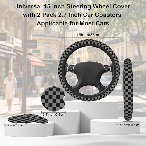 Chessboard Steering Wheel Cover,Black Grey Checkered Universal 15" Elastic Car Steering Wheel Cover with 2 PCS Car Coasters,Anti-Slip Breathable Accessories for Auto,SUVs,Truck - color: Chessboard
