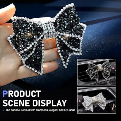 2 PCS Car Butterfly Bow Vent Clips, Bling Rhinestone Bow Straight Air Outlet Clip, Mini Leather Elegant Decoration, Universal Interior Accessory for Cars (Black & White)