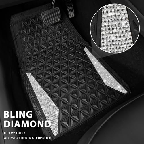 CAR PASS Bling Diamond Car Mats Rubber Floor Mats Full Set Anti-Slip 3D Rhombus Waterproof Trim to Fit Liner Universal Glitter Crystal Sparkly Shining Rhinestone Girl Women SUV Sedan, Silver Diamond - color: White Diamond