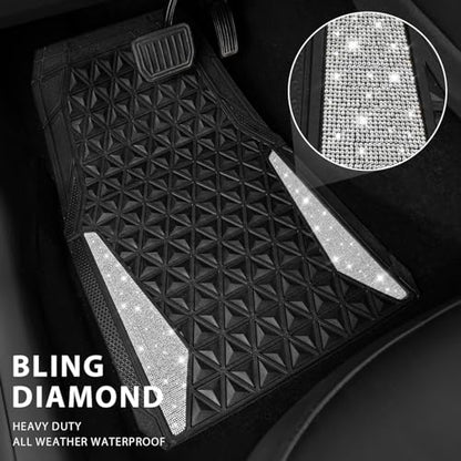 CAR PASS Bling Diamond Car Mats Rubber Floor Mats Full Set Anti-Slip 3D Rhombus Waterproof Trim to Fit Liner Universal Glitter Crystal Sparkly Shining Rhinestone Girl Women SUV Sedan, Silver Diamond - color: White Diamond