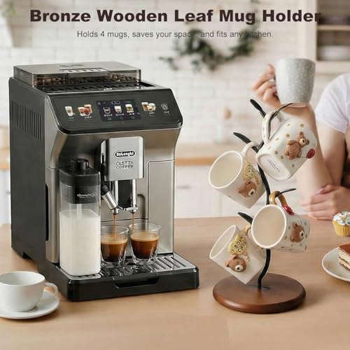 Mug Tree Holder, Bronze Metal Leaf Branch & Solid Wood Base Mug Holders, Countertop Coffee Mug Trees Organizer for Kitchen, 4 Hooks, Sleek Modern Decor for Coffee Station