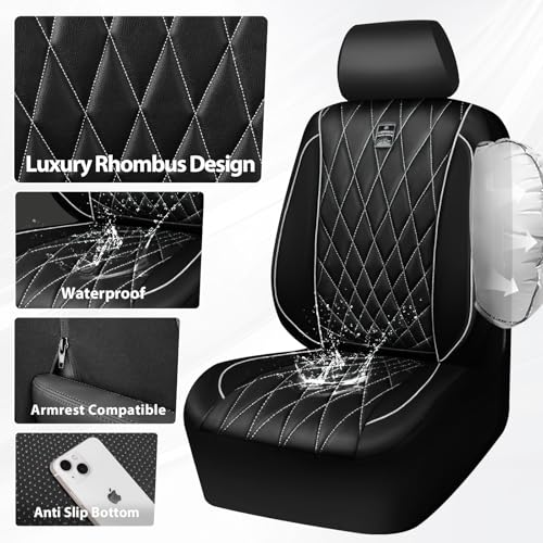 CAR PASS Piping Luxury Leather Two Front Car Seat Covers,Silver Glitter Waterproof Seat Cover Compatible with Front Seat Armrests,Universal Fit for Suvs,Vans,Trucks,Airbag Compatible(Black and Silver) - color: Black and Silver, size: Two Front