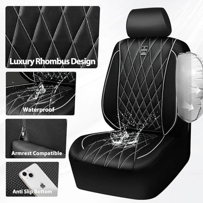 CAR PASS Piping Luxury Leather Two Front Car Seat Covers,Silver Glitter Waterproof Seat Cover Compatible with Front Seat Armrests,Universal Fit for Suvs,Vans,Trucks,Airbag Compatible(Black and Silver) - color: Black and Silver, size: Two Front