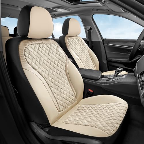 Coverado Front Seat Covers, 2-Pack Luxury Leather Car Seat Cover with Carbon Fiber Weave, Waterproof Car Seat Protectors, Spill-Proof Car Seat Cushion, Beige Seat Covers Universal Fit for Most Cars - color: Beige, size: Front