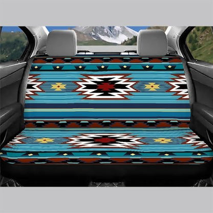 WELLFLYHOM Aztec Print Universal Rear Split Bench Seat Cover for Cars Truck SUV No Headrest Tribal Turquoise Geometric Stripe Design Back Seat Backrest Saddle Blanket Protector Set of 2 - color: Blue Aztec Print