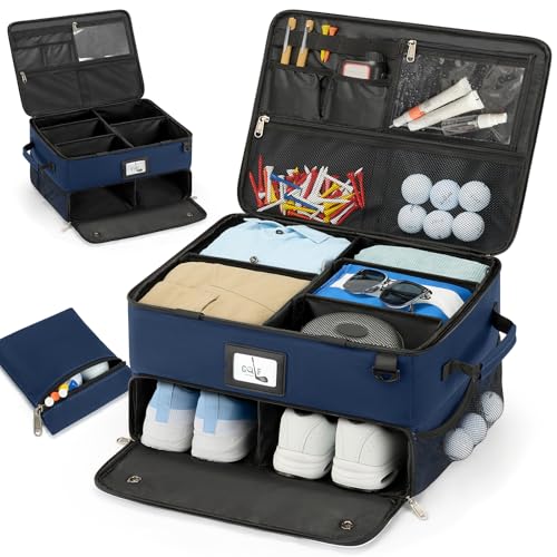 RAINSMORE Golf Trunk Organizer Golf Bag Organizers Golf Shoe Bag with Separate Ventilated Compartment for 2 Pair Shoes Golf Accessories for Balls, Gloves, Clothes - color: Blue