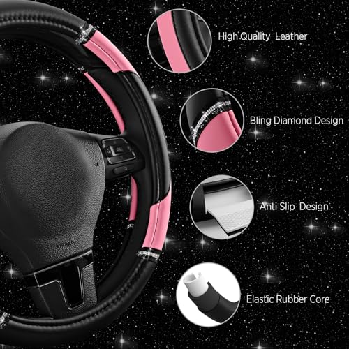 Road Comforts Leather Steering Wheel Cover - Made with PVC Leather - Anti-Slip, Universal Fit 14 1/2 inches to 15 inches - Pink - color: Pink