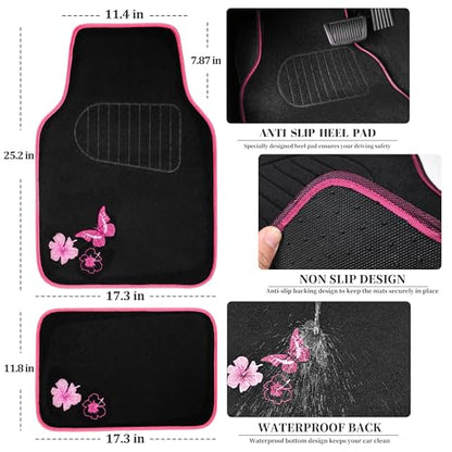 CAR PASS Embroidery Butterfly and Flower Car Floor Mats, Pink Car Floor Mats Universal Fit 95% Automotive,SUVS,Sedan,Vans,for Cute Women,Girly,Set of 4 (Black with Pink) - color: Pink Butterfly and Flower