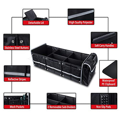 Waterproof Trunk Organizer with Insulated Leakproof Cooler Bag, Foldable Cover, Adjustable Securing Straps (Black)