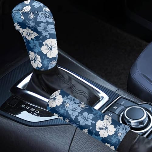 KEIAHUAN Blue Hibiscus Flowers Car Gear Shift Knob Cover&Handbrake Cover for Women Anti-Slip Breathable Comfortable Handbrake Gear Shift Protector 2 PCS - color: Blue Hibiscus Flowers