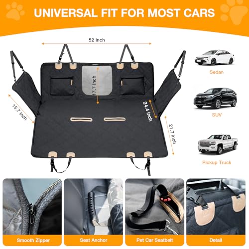 Dog Car Seat Cover for Back Seat, Hard Bottom Back Seat Extender for Dogs, Waterproof Car Hammock, Backseat Bed and Car Seat Protector, Nonslip Fit for Cars, SUVs, Trucks, 52 x 25 in, Black