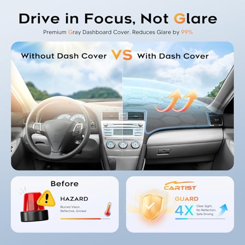 CARTIST Gray Dash Cover for 2007-2010 2011 Toyota Camry Dashboard Cover Accessories Premium Anti-Glare Sun Shade Camry Dash Mat Non-Slip&Airbag Safe Interior Protector