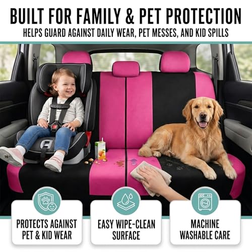 FH Group Full Set Cloth Car Seat Covers, Universal Fit combo, Low Back Front Seat Covers, Airbag Compatible, Split Bench Rear Seat, Washable Seat Cover for SUV, Sedan, Van, Pink - color: Pink