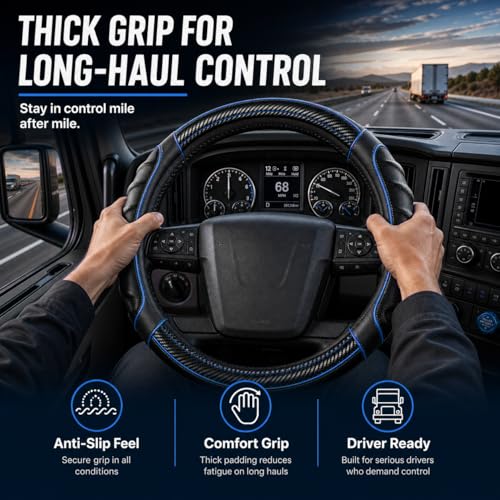 18 Inch Semi Truck Steering Wheel Cover for Freightliner Cascadia, Kenworth T680 T880, Peterbilt 579, Volvo VNL - Anti-Slip Carbon Fiber Grip - Carbon Blue - color: Black Blue