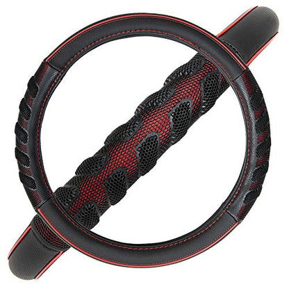 Flying Banner car Steering Wheel Cover Faux Leather Massage Universal fit 3D Honeycomb Hole Anti-Slip Sporty 15 Inches (Red Black)