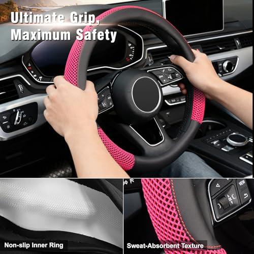 15 inch Steering Wheel Cover, Cooling Ice Silk Mesh with Microfiber Leather, Heat Resistant, Breathable, Anti-Slip, Summer Cool, Universal Fit, Black & Red - color: red, size: Standard Size[14.5"-15"]