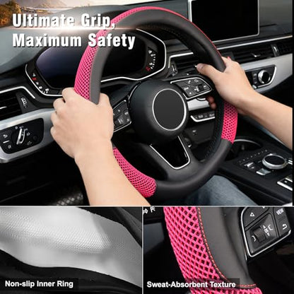 15 inch Steering Wheel Cover, Cooling Ice Silk Mesh with Microfiber Leather, Heat Resistant, Breathable, Anti-Slip, Summer Cool, Universal Fit, Black & Red - color: red, size: Standard Size[14.5"-15"]
