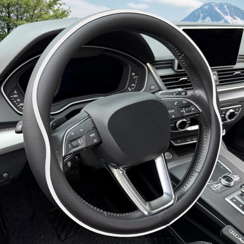 HAOTULE Leather Steering Wheel Cover， with Anti-Slip Stripe Design - Enhanced Grip, Fashion Style, Safe, Non-Slip, Breathable. Upgrade car Interior，Black White - color: Black White