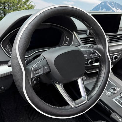 HAOTULE Leather Steering Wheel Cover， with Anti-Slip Stripe Design - Enhanced Grip, Fashion Style, Safe, Non-Slip, Breathable. Upgrade car Interior，Black White - color: Black White