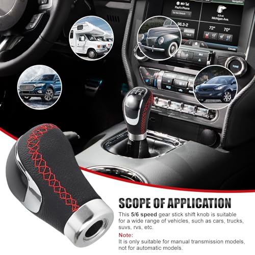 Universal 5/6 Speed Leather Car Racing Gear Shift Shifter knob,Artificial Leather and ABS Black Stitching Shift Knob with 4 Adapters,Replaceable 3 Gear Position Pastors(Black+Red Line) - color: 5/6 Speed Leather(Black+Red Line)