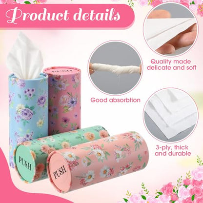 Outus 12 Pcs Spring Floral Car Tissues Cylinder Holder Flowers Round Tissue Box Cup Holder 3 Ply Facial Napkins Napkins Container for Car Home Office Dispenser Travel - style: Rose