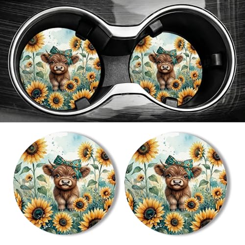 WOCOCN Car Coasters for Cup Holders - 2 Pack 2.75" Universal Rubber Car Cup Coaster, Non-Slip Waterproof Car Interior Accessories, Cute Car Decor Gifts for Women and Men (Calf & Sunflower) - color: Calf & Sunflower