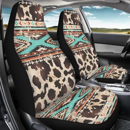 Car Seat Covers Front Seats Only for Women Men Auto Seat Covers Set of 2 Pack Bucket Cover for Cars SUV Truck Sedan, Easy to Install（Aztec Ethnic Cow Leopard Print 83）