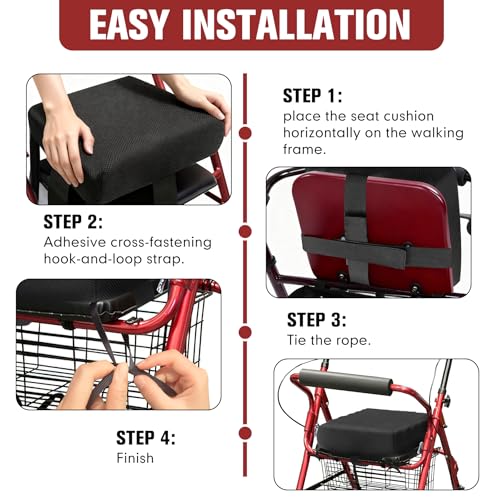 Rollator Walker Seat Cushion 12x12x3.5 Inch Support Pad with Breathable Mesh Cover, Adjustable Straps for Secure Fit(Black)