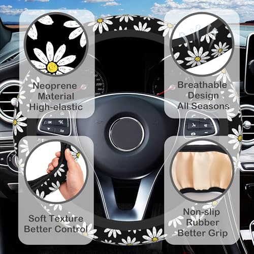 White Daisy Flowers Steering Wheel Cover with 2 Pcs Car Coasters Neoprene Steering Wheel Cover for Women Men Anti-Slip Breathable Car Accessories Universal 15 Inch Fit Auto Cars Trucks - color: White Daisy Flowers