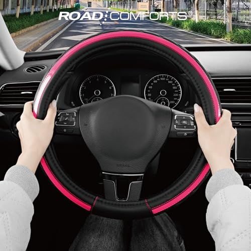 Road Comforts Leather Steering Wheel Cover – Black & Hot Pink, Universal Fit 14.5-15 Inch, Microfiber Leather, Anti-Slip & Breathable Design for Men and Women - color: Hot Pink