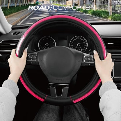 Road Comforts Leather Steering Wheel Cover – Black & Hot Pink, Universal Fit 14.5-15 Inch, Microfiber Leather, Anti-Slip & Breathable Design for Men and Women - color: Hot Pink