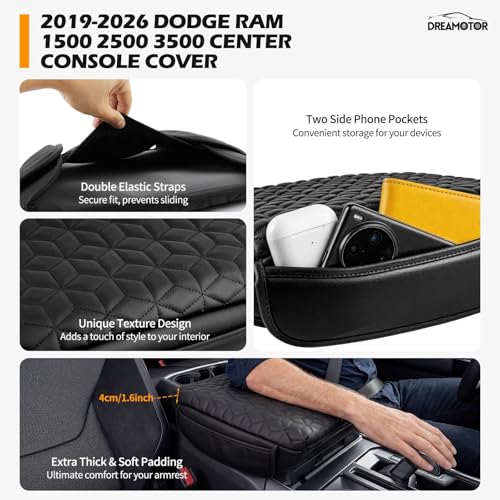 Center Console Cover Compatible with 2019-2026 Dodge Ram 1500 2500 3500 Accessories, 1.4 inch Thicker Arm Rest Cover, Middle Console Covers Cushion, Armrest Pad Replacement- Bucket Seat Only - size: 2019-2026 Dodge Ram-Bucket Seat Console