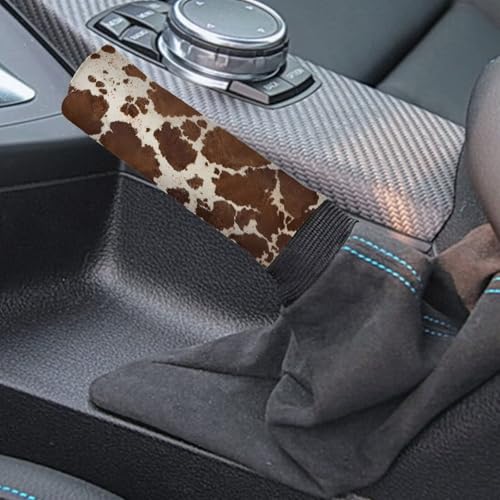 Brown Cow Print Car Gear Shift Knob Cover Set of 2, Non-Slip Handbrake Cover and Elastic Gear Shift Knob Cover Protector for Car SUV Protector - color: Brown Cow Print