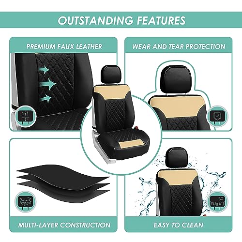 FH Group Deluxe Faux Leather Diamond Pattern Front Set Car Seat Cushions with Gift - Universal Fit for Cars, Trucks, & SUVs PU089102 (Beige) - color: Beige / Black