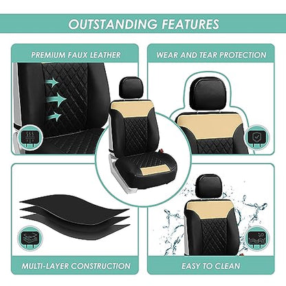 FH Group Deluxe Faux Leather Diamond Pattern Front Set Car Seat Cushions with Gift - Universal Fit for Cars, Trucks, & SUVs PU089102 (Beige) - color: Beige / Black