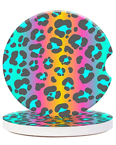 CLEVI 2 Pack Universal Ceramic Car Abstract Colorful Cheetah Leopard,Ceramic Stone with A Finger Notch for Easy Removal of Car Cup Holder Coaster - color: Colorful Cheetah Leopard