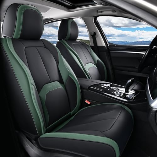 Coverado Automotive Seat Covers Front Seats, Leather Seat Covers 2 Pack, Black Green Car Seat Cover, Waterproof Car Seat Protector with Lumbar Support, Front Seat Covers Universal Fit for Most Cars - color: A-Black&Green, size: Front