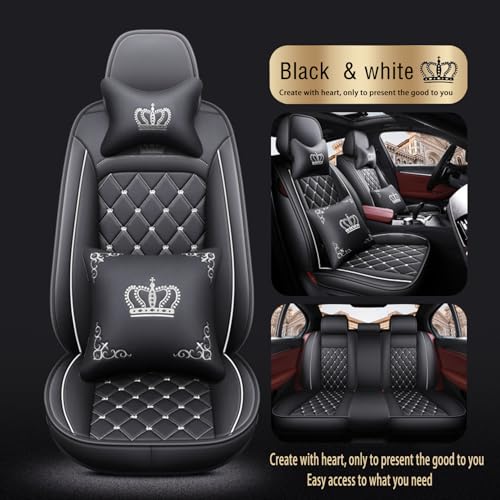 Crown Car Seat Covers Full Set, Premium Leather Waterproof Anti-Slip Automotive Interior Protector for Cars, SUVs, Pickup, Trucks & Sedans (Black+White Line) - color: Black+White