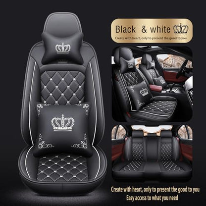 Crown Car Seat Covers Full Set, Premium Leather Waterproof Anti-Slip Automotive Interior Protector for Cars, SUVs, Pickup, Trucks & Sedans (Black+White Line) - color: Black+White