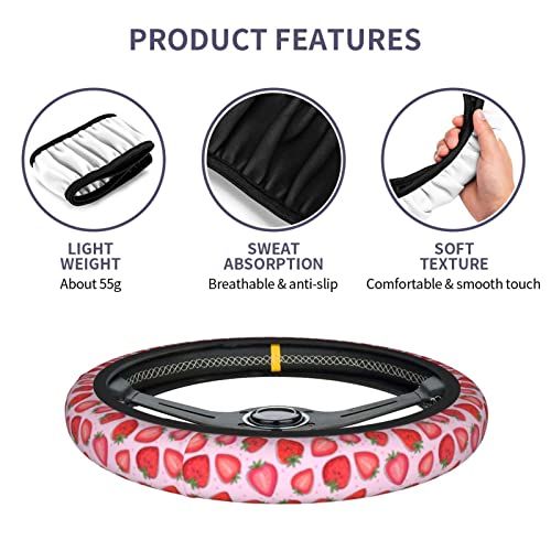 Cute Pink Strawberry Steering Wheel Cover for Women Men with 2 Pcs Car Coasters, Universal 14.5-15 Inch Rainbow Steering Wheel Covers Non-Slip Car Accessories for Girls - color: Starwbrry022