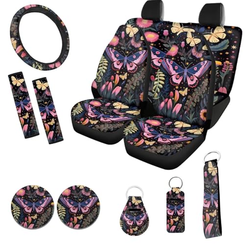 Cottagecore Butterfly Car Seat Cover for Front & Rear Bench,12 Pack Hippie Flower Butterflies Auto Steering Wheel Cover Non Slip Cup Coaster Keychain Lip Holder Sleeve Safety Seatbelt Pads Set - color: Butterfly Cottagecore Aesthetic Style