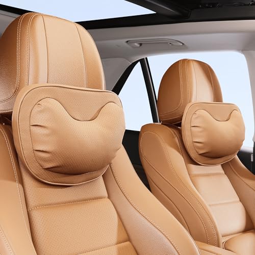 Car Neck Pillow [No More Pressure] Soft Comfortable Premium Leather Headrest with Adjustable Strap – Ergonomic Support for Driving, Office & Gaming, Palomino Brown, 2 Pack - color: Palomino Brown, size: Headrest-2P