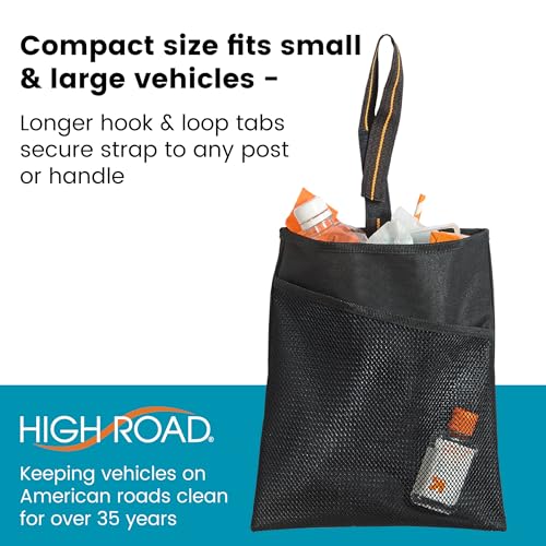 High Road Small Hanging Car Trash Bag with Waterproof Liner, Storage Pocket and Adjustable Strap - Hangs from Handles or Headrest Posts Without Taking Up Legroom - color: Black
