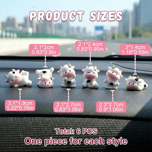 6pcs Mini Cow Car Dashboard Decor, 6 Styles Cute Cow Print Car Accessories, Playful Cows Rear View Mirror Ornaments Decorations for Offices, Home