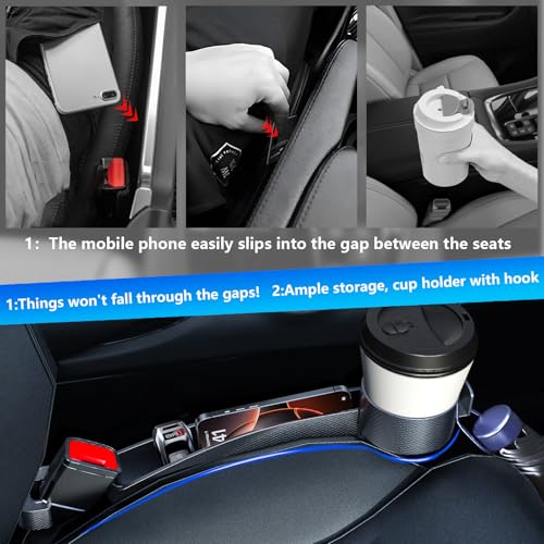Seat gap filler Compatible with Toyota RAV4.Deeper Than Standard Retail Models(7.5cm)|Added Cup Holder (2 Fixed Points) + Hooks + Charging Cable Port |2pcs Black| Free Window Break Hammer 1pcs|