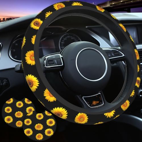 Yellow Sunflower Steering Wheel Sleeve - Sunflower Wheel Sleeve Quality Friendly Neoprene Slip-Resistant Includes 2 Car Cup Coasters Decor for 15-Inch Men Women Universal Car Wheel Protector - color: Yellow Sunflower