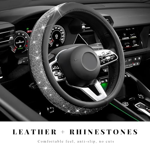 Diamond Leather Steering Wheel Cover, 15 Inch Bling Crystal Rhinestone Anti-Slip Wheel Protector, Universal Sparkling Elegant Diamond Steering Wheels Cover for Women Girl (Black) - color: Black