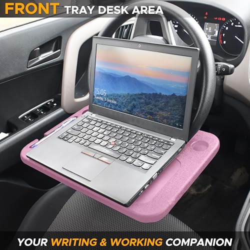 EcoNour 2 in 1 Car Steering Wheel Desk | Steering Wheel Tray for Laptop and Food | Pink Table Tray for Eating with Drinks Holder | Car Accessories - size: Medium-Pink