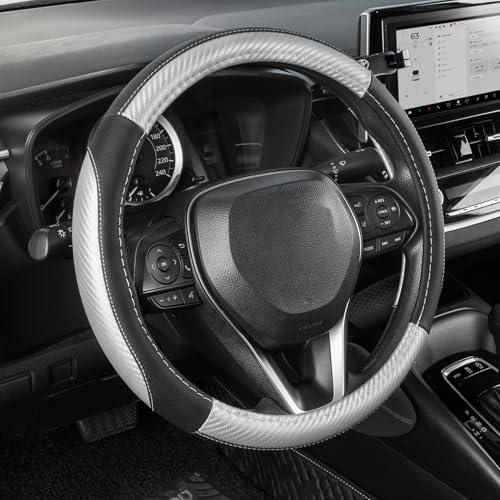 SEG Direct Car Steering Wheel Cover for Prius Civic Model 3 Model Y Camaro, Small Size 14-14.25 inch, Auto Interior Accessories, Black with Sliver Carbon Fiber Pattern - color: Black and Sliver, size: Small size[14''-14 1/4'']